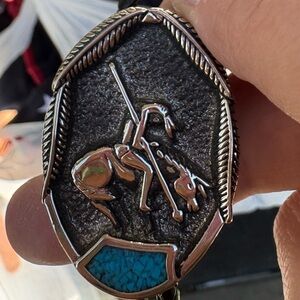 Vtg. Bolo Neck Tie Southwest Style Warrior Brave Brave Horse Turquoise Chips